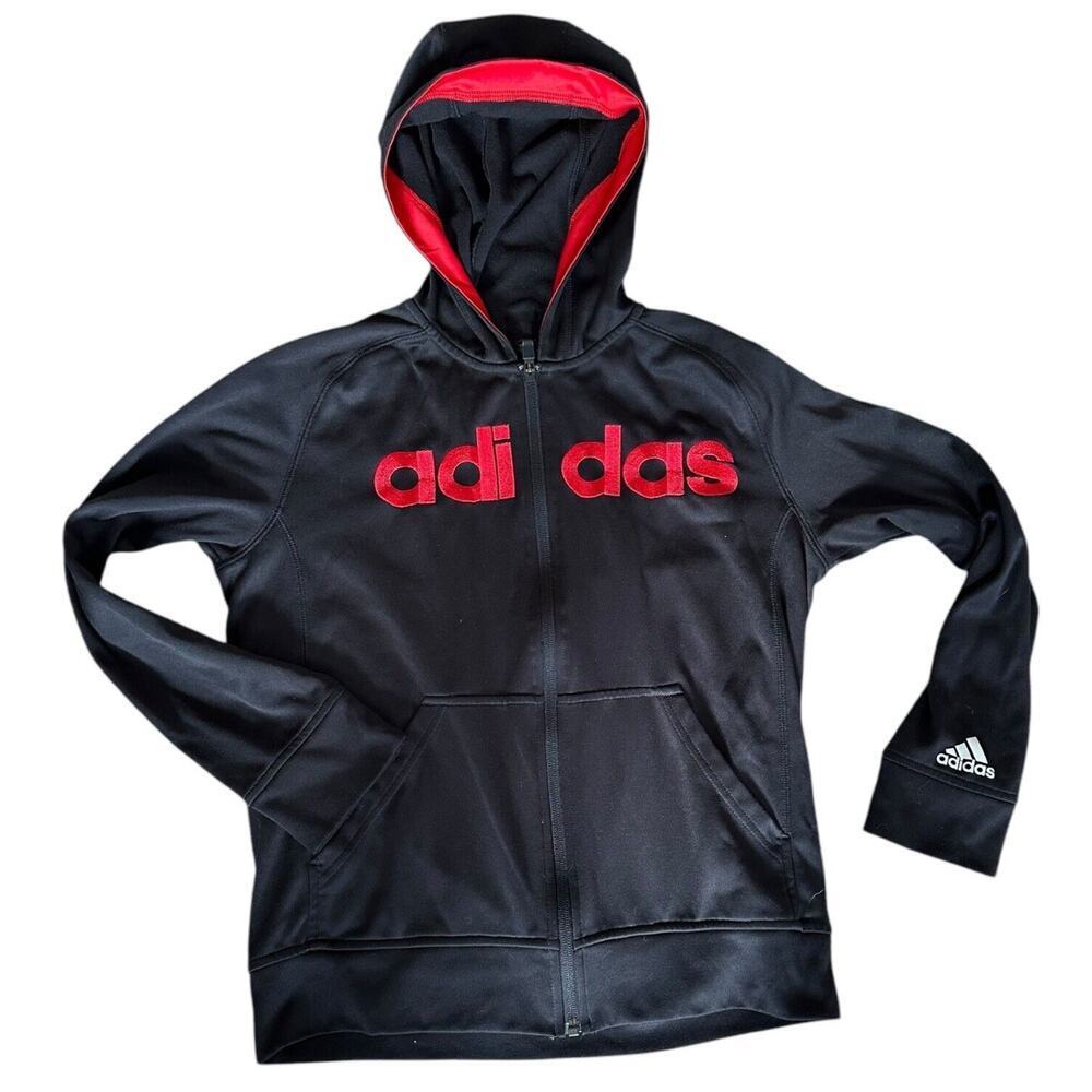 Youth Child Adidas Zip Front Track Jacket Hoodie Black / Red embroidered Medium